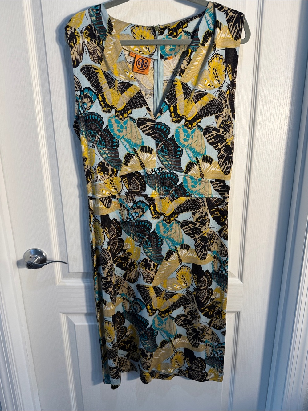 Tory Burch Butterfly-Print Midi Dress in Yellow, Turquoise & Black Silk Size XL